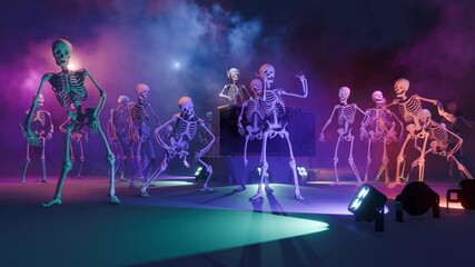 Haunted Halloween party: skeleton DJ at the mixing console surrounded by dancing spooky skeletons. 3D animated background for greeting cards, invitations, posters, holiday events, parties