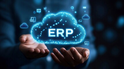 A person holding a glowing cloud with ERP written on it and floating icons, symbolizing the integration of smart technology