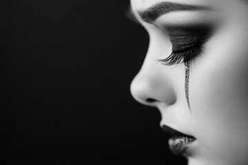Black-and-white photograph of a beautiful woman with dark eye makeup, crying.