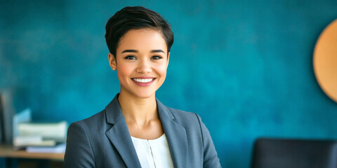 Smiling young professional woman in business attire poses confidently by a blue wall
