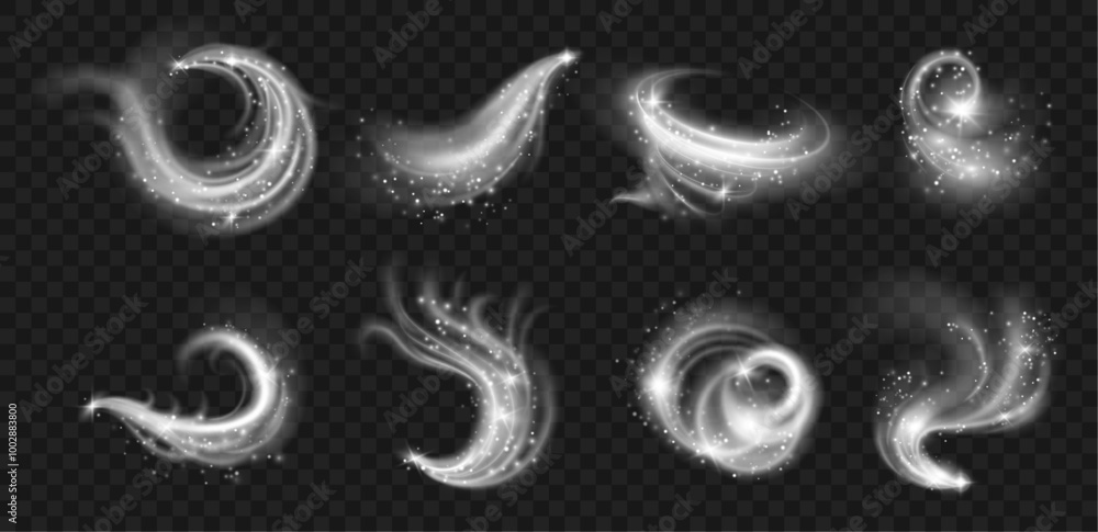 Poster effects of cold winter wind with snow and glowing particles. vector icy blows or air steam motions w