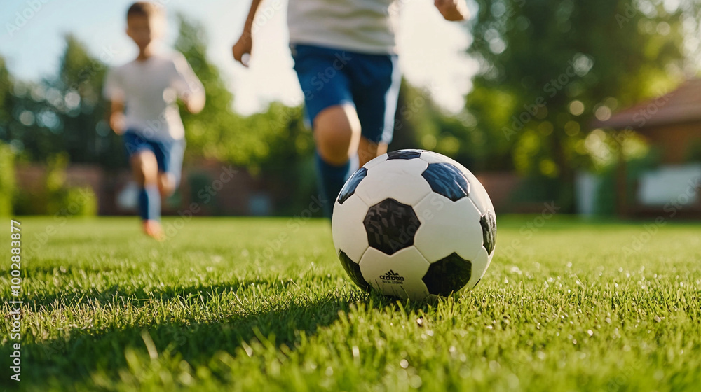 Wall mural family playing soccer in the backyard, active play,