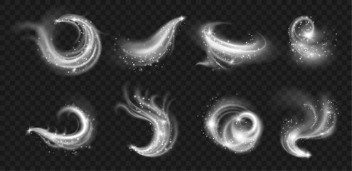Effects of cold winter wind with snow and glowing particles. Vector icy blows or air steam motions with shining snowflakes and particles in shape of whirlwind and wave, spray and flow