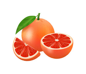 Grapefruit fresh slice, half and whole fruit realistic vector illustration. Cut grapefruits slice for juice or vitamin c logo. Citrus icon isolated on white background. Healthy summer food