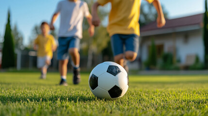 Fototapeta premium Family playing soccer in the backyard, active play,