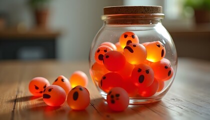 A jar filled with glowing orange balls decorated with expressive faces on a rustic wooden table