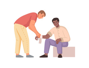 Man bandaging upper limb of patient, trauma of arm, injury of hand. First aid medical procedure, flat cartoon people, ambulance and emergency, rescue training scene