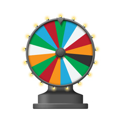 Obraz premium Gambling or fortune wheel with light bulbs, colorful slots and pointer. Vector realistic, casino game with prize and award for lucky winners. Roulette for entertainment for gamble activity