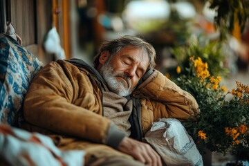 Obraz premium Tired caregiver man resting outdoor, in front of nurishing home, Generative AI