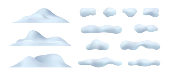 Winter snowdrift, isolated winter seasonal icy snowballs and piles. Vector realistic icons set, mountains peak or summit, snowfall and blizzard wintertime season and weather. Xmas decoration © Sensvector
