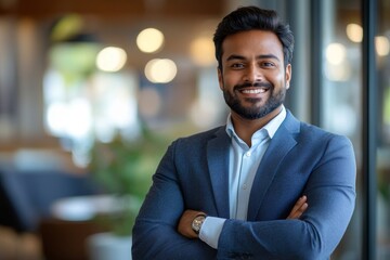 Happy indian business man in suit in modern office, Generative AI