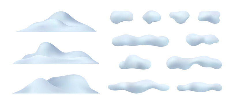 Winter snowdrift, isolated winter seasonal icy snowballs and piles. Vector realistic icons set, mountains peak or summit, snowfall and blizzard wintertime season and weather. Xmas decoration