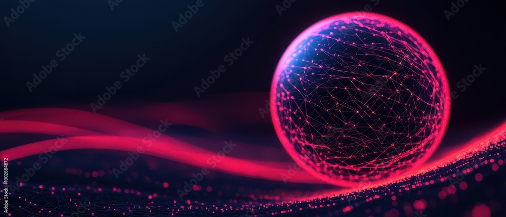 Poster futuristic glowing particle sphere with a vibrant red light trail on a dark background, illustrating