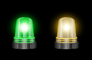 Siren flashing lights for vehicles, urgency and emergency situation. Vector isolated set of bulbs for cars of police, ambulance or fire brigade. Projector for traffic, beacon for attention