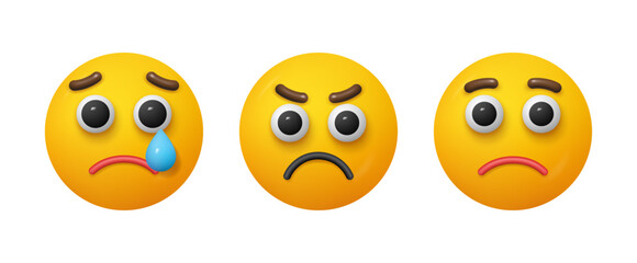 Faces for social media, isolated sad and angry expressing emotions. Vector sadness and crying feeling, stressed and furious personages balls. Communication in internet and messengers