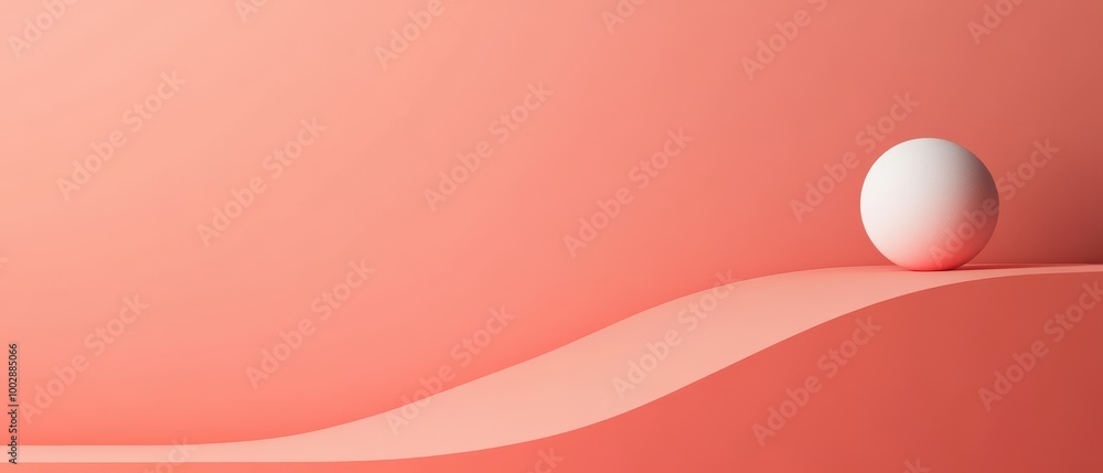 Poster minimalist scene with a white sphere on a curved pink surface, symbolizing balance and simplicity. m