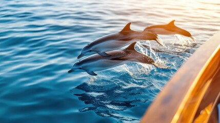 Obraz premium Dolphins Jumping Near Boat in Ocean Waters