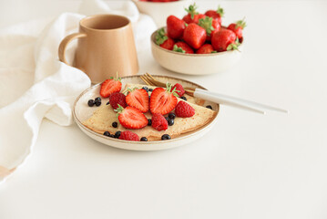 French homemade pancake crepes. Summer breakfast. Front view