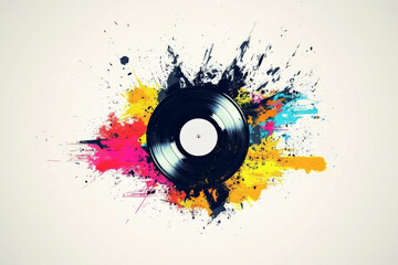 Colorful abstract art with a vinyl record and vibrant paint splashes on white