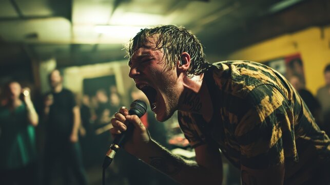 The hardcore punk singer delivers a powerful performance, screaming into the microphone as the audience erupts with excitement in a dimly lit underground venue