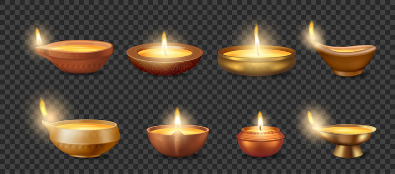Oil lamps collection. Vector isolated traditional lantern made of clay or metal and filled with ghee and lit with cotton wick. Part of hindu religious rituals, prayers and festive occasion