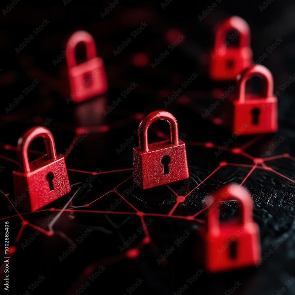Poster closeup of a secure data warehouse structure with global connection lines and padlocks, symbolizing 