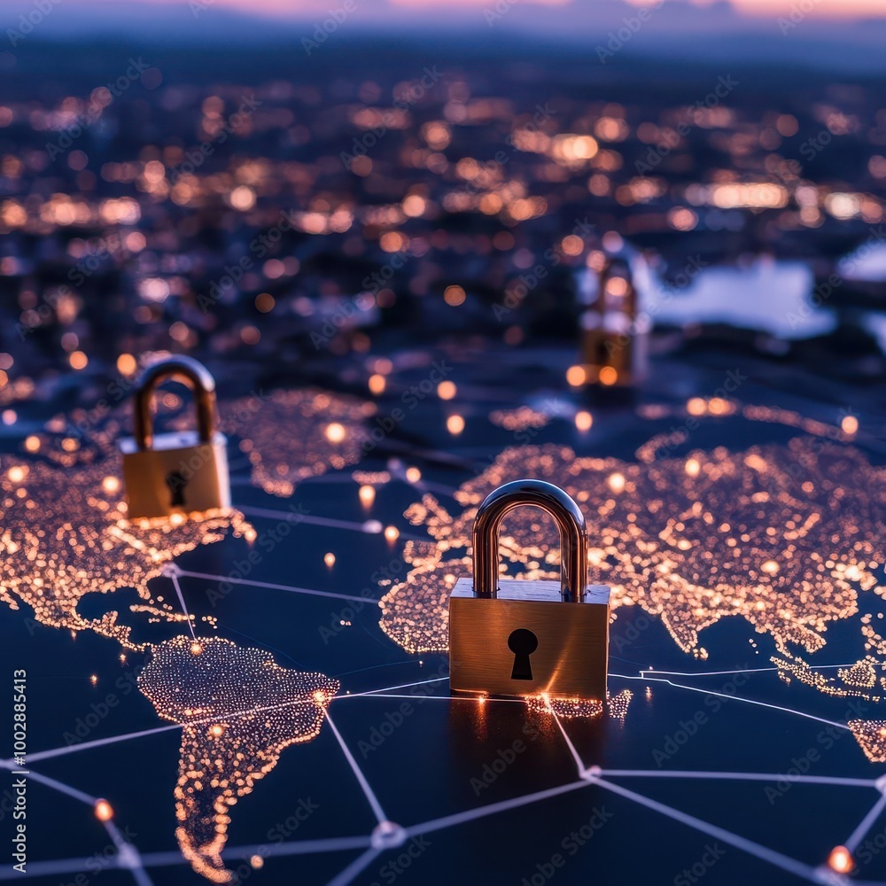 Poster closeup of a secure data warehouse structure with global connection lines and padlocks, symbolizing 