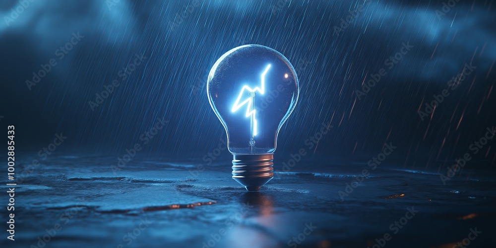 Poster a glowing light bulb with a lightning bolt inside during a storm, symbolizing innovation, energy, an