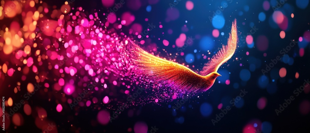 Poster abstract image of a colorful bird in flight with vibrant light particles against a dark background, 