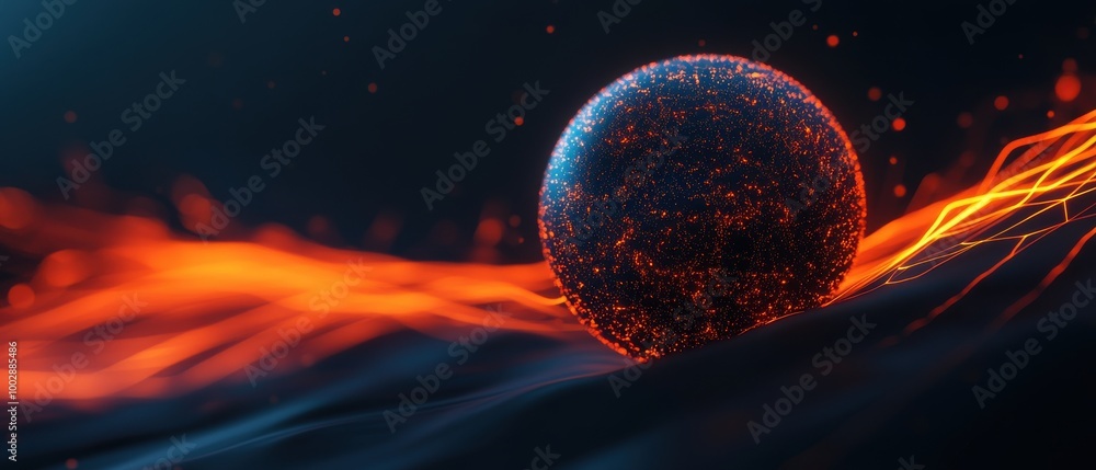 Poster abstract image of a glowing sphere surrounded by fiery light trails on a dark background, evoking a 