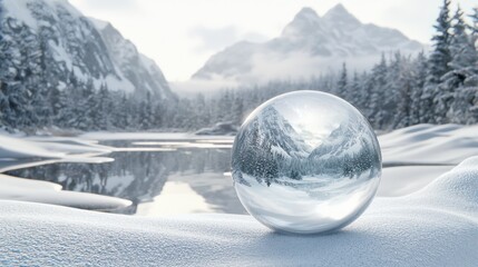 Crystal-clear sphere resting on snow, reflecting a breathtaking snowy mountain landscape, blending serene winter beauty with a magical mirrored view