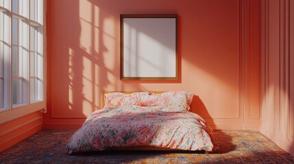 Mock up frame in a bare empty room with soft coral walls and an eclectic bed with vibrant textiles, 3D render 
