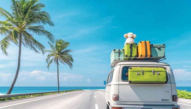 Cute dog enjoying the ride on a vintage van loaded with suitcases, cruising down a coastal road lined with palm trees and blue skies, carefree vacation vibes