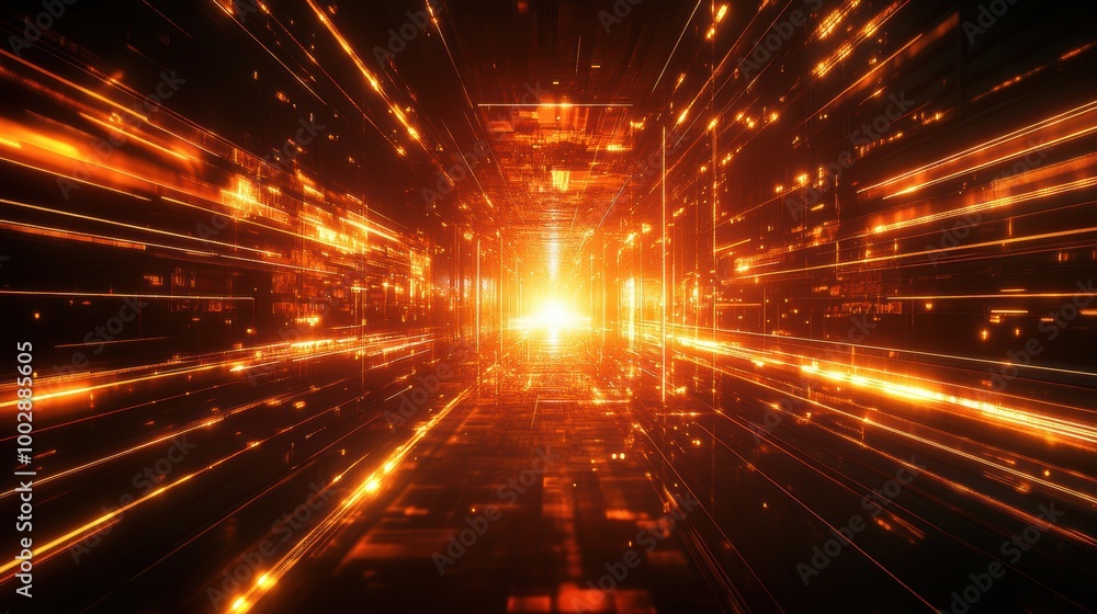 Poster abstract futuristic digital light tunnel background with glowing particles and lines creating a pers