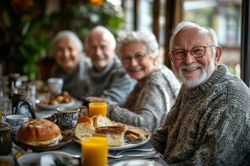 Group of cheerful seniors enjoying breakfast in nursing home care center, Generative AI
