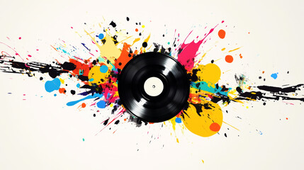 Abstract colorful splashes surrounding a vinyl record on a bright white background