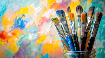 Obraz premium Colorful array of paintbrushes in jar against vibrant background