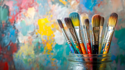 Fototapeta premium Colorful array of paintbrushes in jar against vibrant background