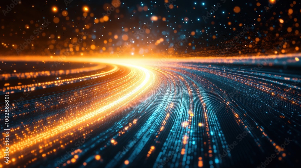 Poster abstract futuristic data stream with glowing particles and light trails on a dark background, repres