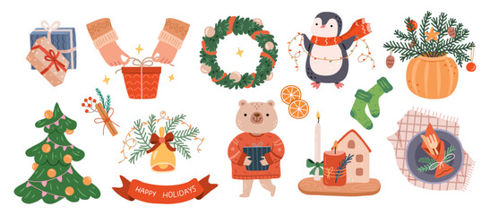 Christmas and New Year items and cartoon characters. Vector gift boxes and socks, xmas tree and door wreath, cinnamon and orange rings, penguin and bear, candles and pine needles in pot for decoration