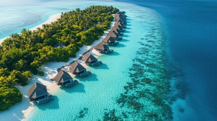 Obraz premium This breathtaking aerial perspective features elegant overwater bungalows nestled among lush greenery in the Maldives, highlighting the stunning turquoise waters and colorful corals