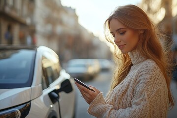 Close up of beautiful woman using smartrphone while charging her electric car on the street, Generative AI