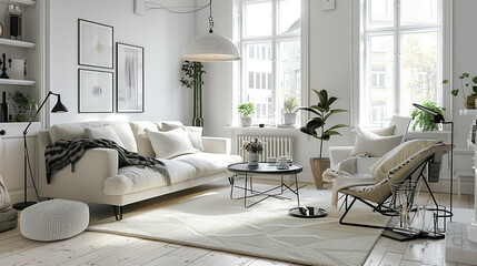 Scandinavian-inspired living room with light wood flooring, a cozy wool rug, and simple white furniture, enhanced by black metal accents for a modern touch.