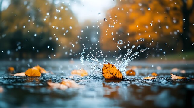 landscape autumn rain drops splashes in the forest background, october weather landscape
