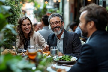Happy business people having a lunch break outside office, Generative AI