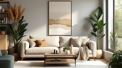 Modern living room interior with a cozy white sofa, textured pillows, and a wooden coffee table. Decor includes potted plants, abstract artwork, and natural elements. Stylish home decor. Template.