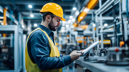 skilled worker inspecting quality in factory setting with focus