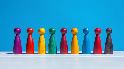 Colorful wooden figurines lined up against bright blue background, creating cheerful display