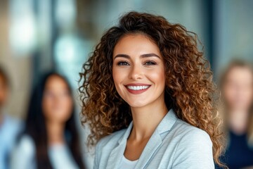 Fototapeta premium Cheerful young woman with curly hair smiles confidently, standing among colleagues in a modern office setting.