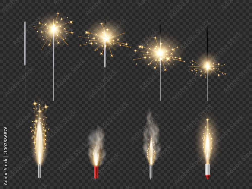 Poster fireworks fountain of sparks salts or pyrotechnic candles. vector bengal lights and pyrotechnics bur